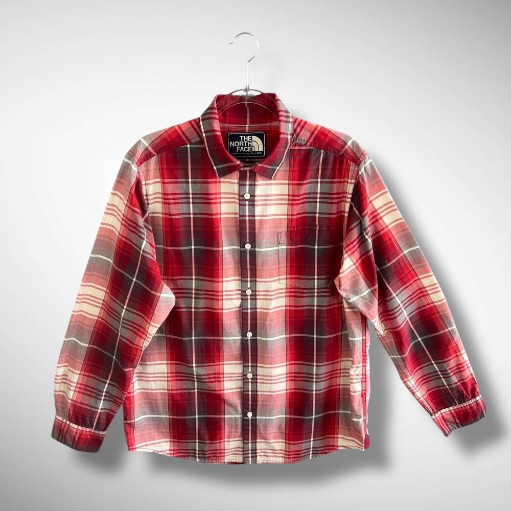 The North Face Shirt Mens Large Red Gray Plaid‎ Long Sleeve Button Down Casual